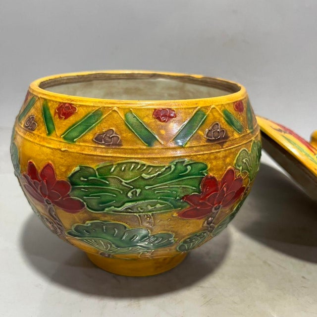 Yellow Ground Raised Enamel Mandarin Duck & Lotus Porcelain Lidded Jar, Chinoiserie Canister For Sale - Image 4 of 8