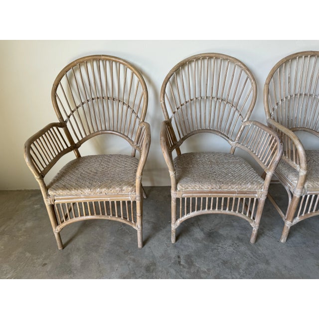 Vintage Coastal Palm Beach Style Cerused Rattan Balloon-Back Arm Dining Chairs - Set of 4 For Sale In Miami - Image 6 of 12