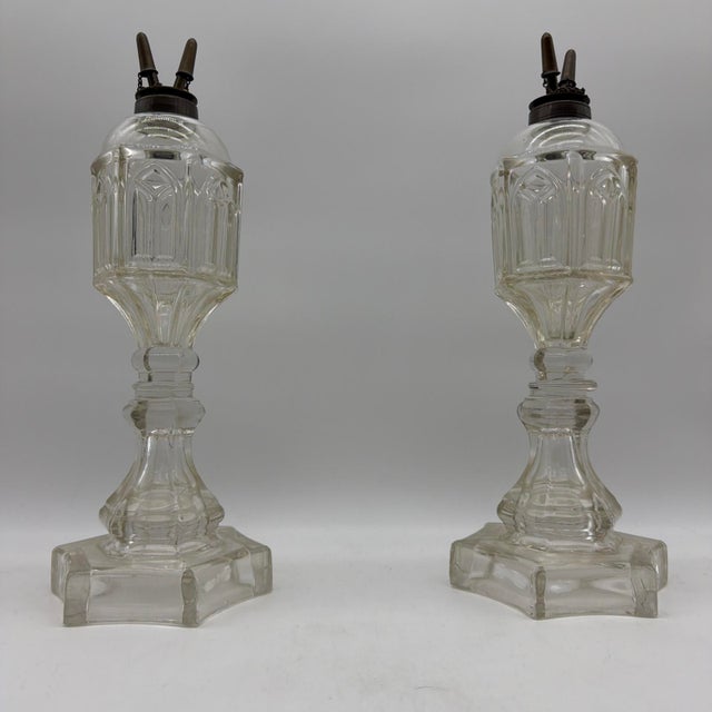 1850s Gothic Arch Pressed-Glass Oil Lamps, Attributed to Boston & Sandwich, - Pair For Sale - Image 17 of 18