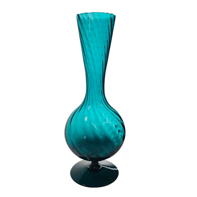 Mid-Century Modern Italian Empoli Teal Turquoise Blue Optic Swirl Vase 13” Pedestal Base Art Glass For Sale - Image 3 of 8