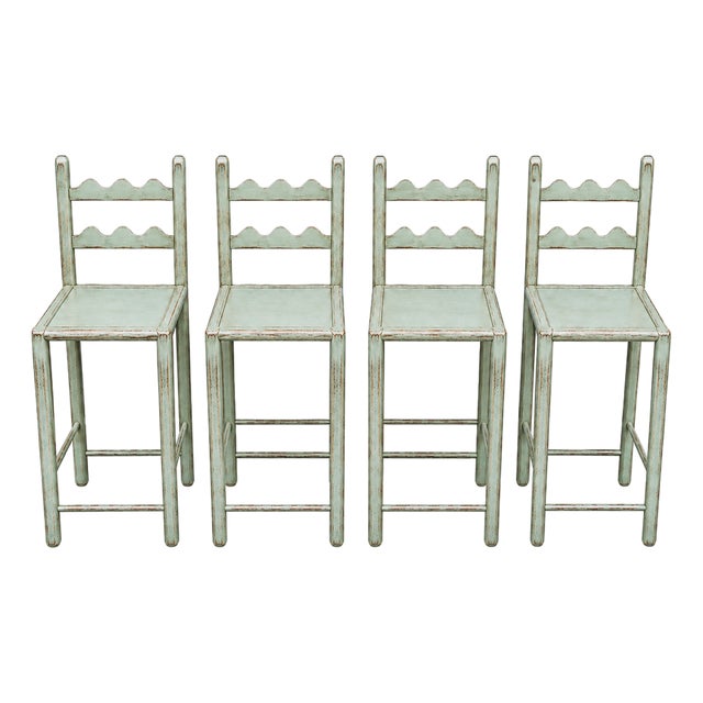 Set of 4 Country French Counter Stools With Custom Antique Light Pastel Seafoam Green For Sale