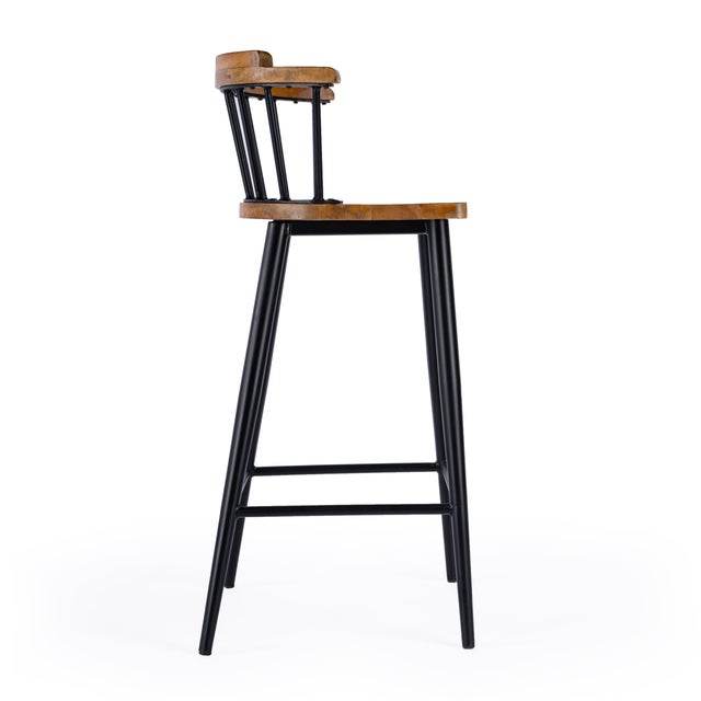 Merrick 30 in. Seat Height Wood and Iron Bar Stool with Spindle Back and Footrest, Natural For Sale In Chicago - Image 6 of 9