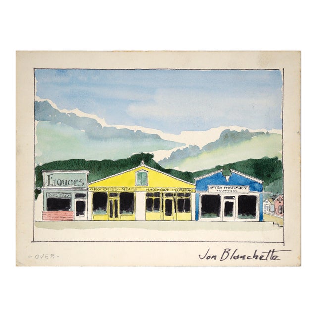 Shops in Aptos Village, California - Mid Century Watercolor by Jon Blanchette For Sale