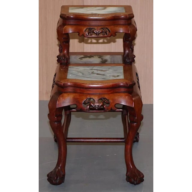 Chinese Hand-Carved Hardwood & Marble Side Tables with Claw and Ball Feet, Set of 2 For Sale - Image 3 of 18