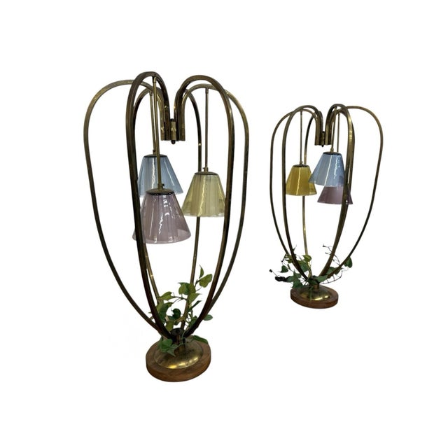 Elevate your interior with this striking pair of Mid-Century Modern brass cage table lamps, standing an impressive 37”...