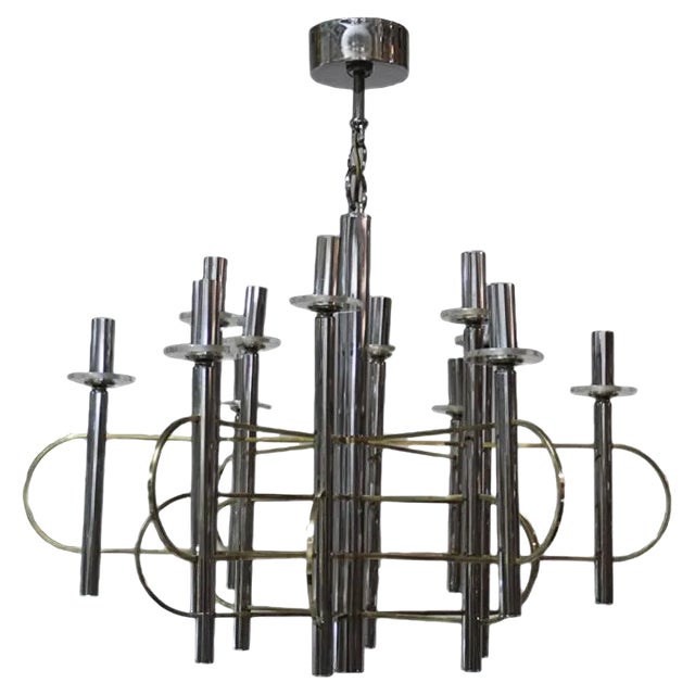 Sculptural Chandelier in Metal and Brass by Gaetano Sciolari, 1970s For Sale