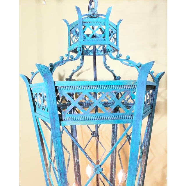 Metal Exquisite Large Hand-Forged Iron Lantern – Verdigris Patina - 47” High X 24”Wide For Sale - Image 7 of 18