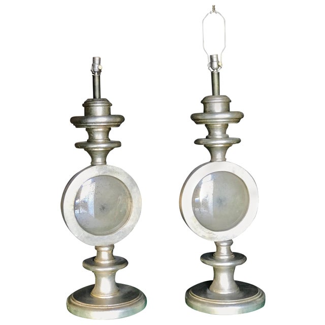 Wood Oversize Italian Silver Leaf Table Lamps, Pair For Sale - Image 7 of 7