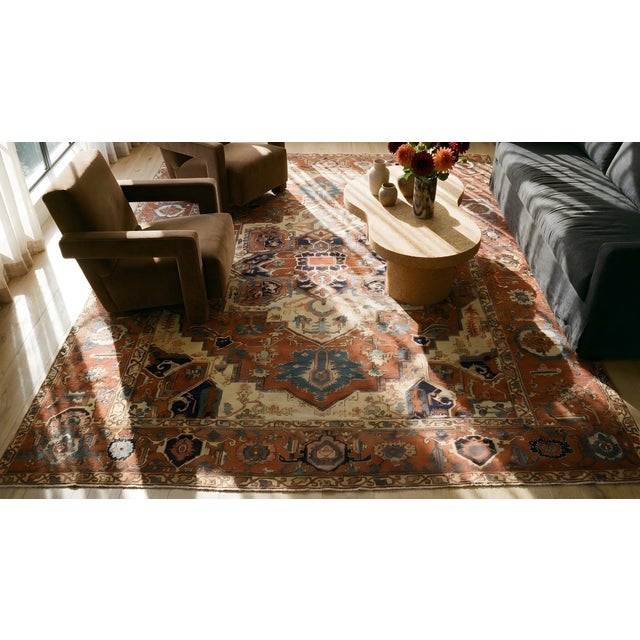 Textile 1880s Red Ivory Rustic Medallion Antique Persian Heriz Serapi Rug 11'8" X 14' Handknotted Wool Carpet For Sale - Image 7 of 9