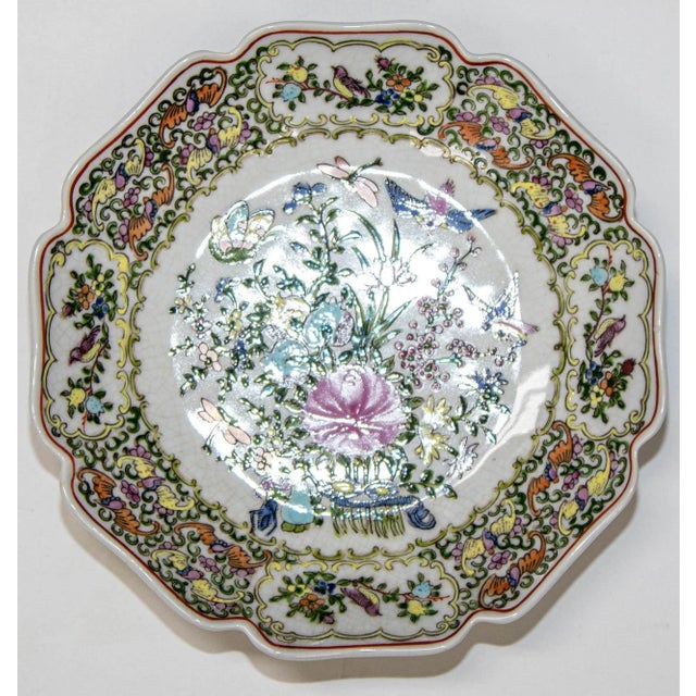 Vintage Famille Rose Porcelain Plate With Birds and Flowers Hand Painted Decor For Sale - Image 11 of 11