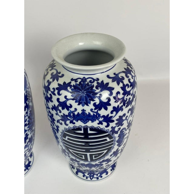 Ceramic Pair of Blue & White Chinese Export Style Porcelain Floor Vases on Hardwood Stands, 18" Tall For Sale - Image 7 of 8
