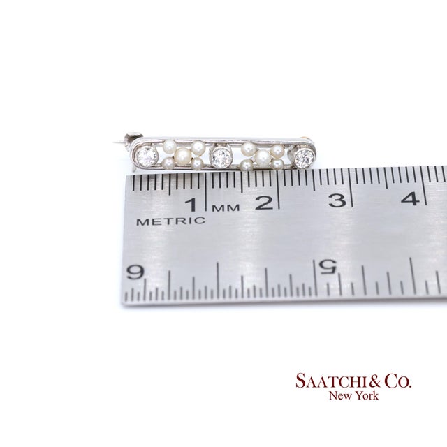 Metal Late 20th Century Platinum 950 Natural Round Pearl and Natural Diamond Brooch / Pin For Sale - Image 7 of 7