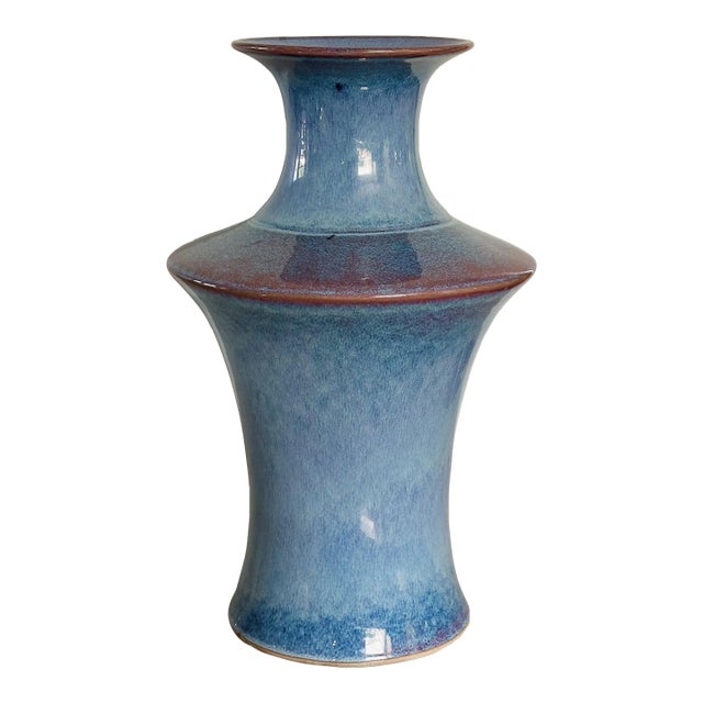 Vintage Hand Thrown Geometric Angular Pottery Vase in Stunning Blue Flambe Glaze For Sale