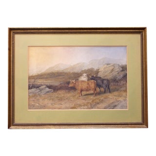 1873 English Watercolor of Scottish Highland Cattle by R. S. Mott For Sale