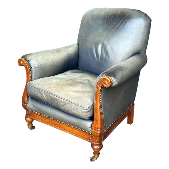 Vintage Lillian August Sun-Faded Navy Ombré Leather Library Chair For Sale