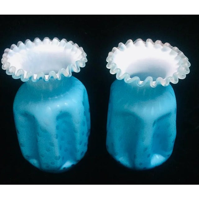 Thomas Webb & Sons Pair of 1920s Aqua Satin Webb Ruffled Polka Dot Cased Glass Vases For Sale - Image 4 of 9