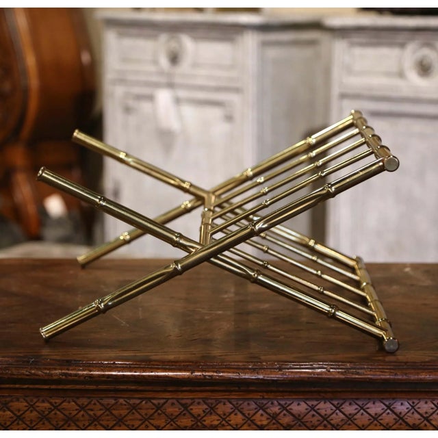 Metal Mid-Century French Faux Bamboo Brass Magazine Rack in Baguès Style For Sale - Image 7 of 8