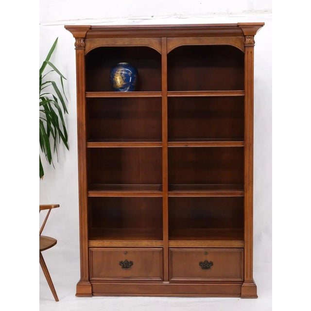 Mid-Century Modern Large Colonial Two Drawer Compartment Double Bookcase Shelf Wall Unit Lights For Sale - Image 3 of 13