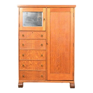 Horner Style Antique American Empire Oak Chifferobe or Gentleman's Chest With Mirror, Circa 1900 For Sale