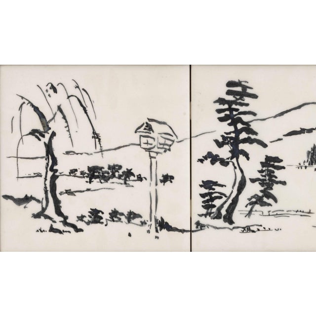 Carrie Mae Robbins (American, 1943-2024) Set of Four Japanese Landscape Scene with Pagoda Tiles, 1958, signed "Carrie"...
