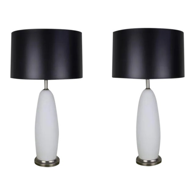 Pair of Italian Mid-Century Frosted White Murano Glass Table Lamps, 1950s For Sale