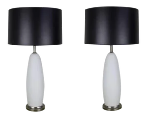 Pair of Italian Mid-Century Frosted White Murano Glass Table Lamps, 1950s