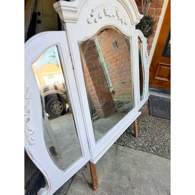 Ornate French Country Linen Bisque Dresser, Trifold Mirror & Nightstands For Sale - Image 4 of 9