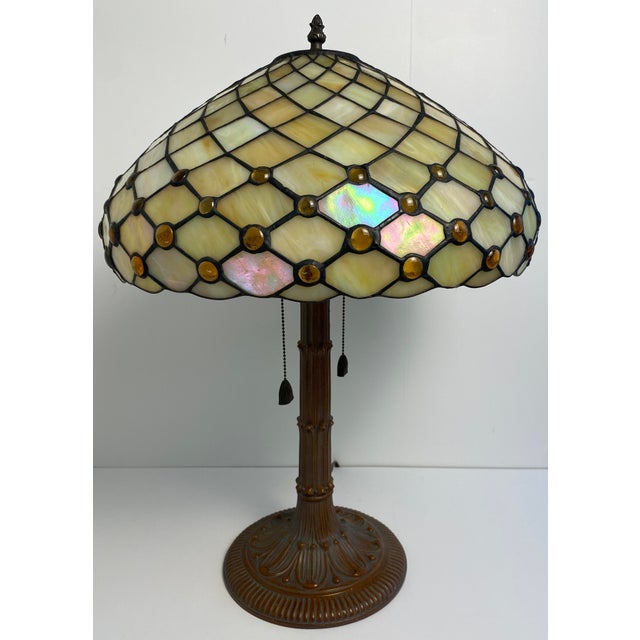 Art Nouveau Antique American Tiffany Style Leaded Stained Glass Table Lamp With Amber Jewels For Sale - Image 3 of 11