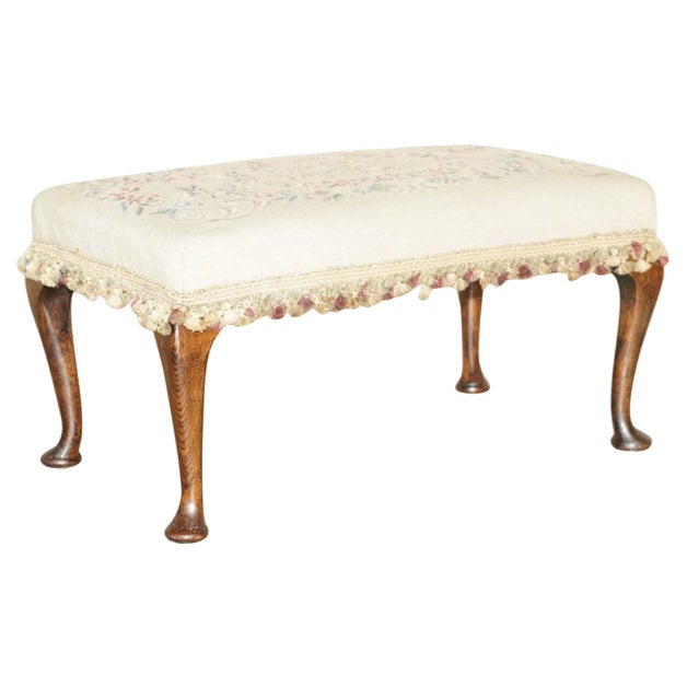 Large Victorian Oak Cabriole Legged Footstool with Embroidered Upholstery, 1880s For Sale