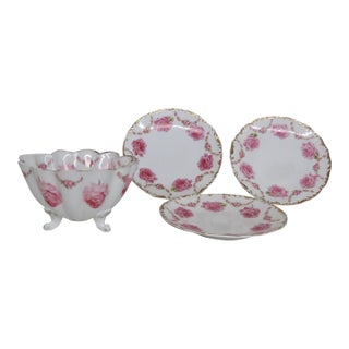Early 20th Century Kuno Steinmann Bridal Rose a La France 4pc Dish Set Footed Strainer Plates For Sale