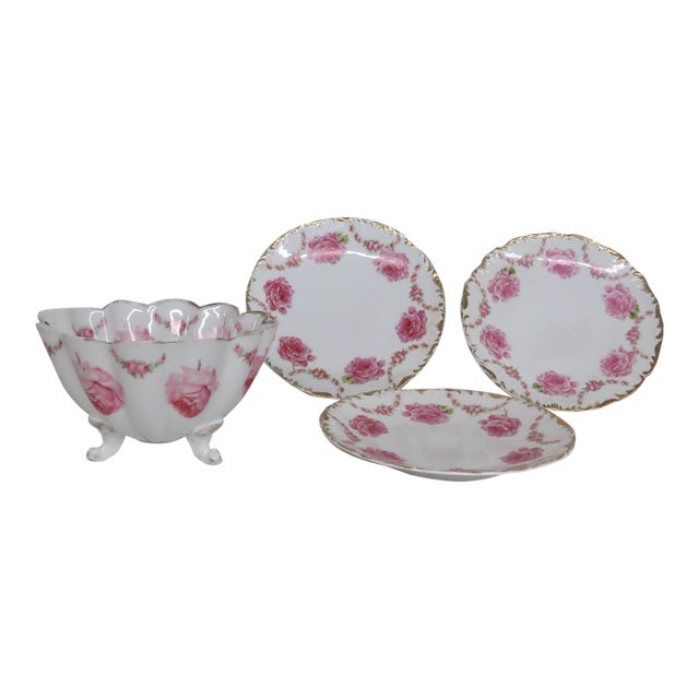 Early 20th Century Kuno Steinmann Bridal Rose a La France 4pc Dish Set Footed Strainer Plates For Sale