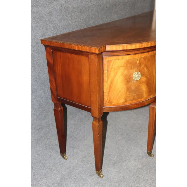 Brass 1990s Baker Furniture Mahogany Inlaid Sideboard – Neoclassical Demi-Lune Server With Leather Top & Brass Accents For Sale - Image 8 of 10