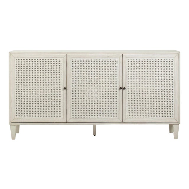 White Wash Acacia & Rattan Sideboard Credenza For Sale