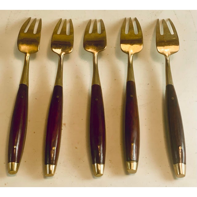 Mid 20th Century Rosewood & Brass Small Desert H'Ordreves Forks Flatware Set of 5 For Sale - Image 10 of 11