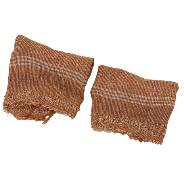 2020s 100% Cotton Towel Napkin Fabric Orange Brown Coral White Stripes Handmade Handspun Large Natural Organic Set of Two (2) For Sale - Image 5 of 13