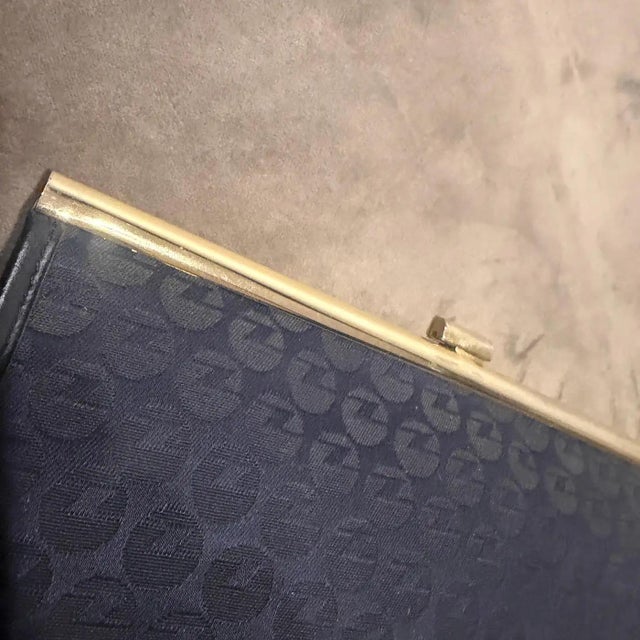 Blue 1980s Blue Fabric and Brass Italian Continuous Logo Clutch by Zenith For Sale - Image 8 of 15