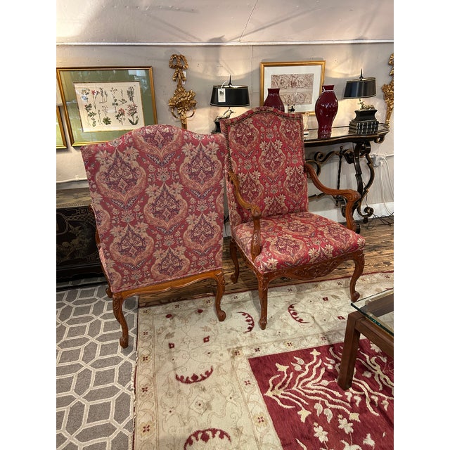 Wood French Style Carved Wood & Upholstered Armchairs -A Pair For Sale - Image 7 of 10