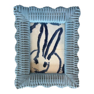 Hunt Slonem Repro Print Navy Rabbits on Linen in Wicker Frame For Sale