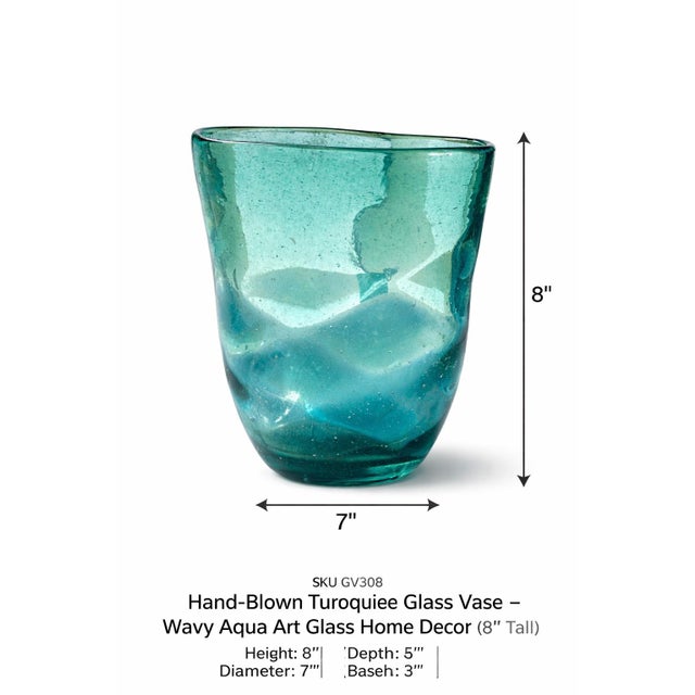 Late 20th Century Late 20th Century Hand-Blown Blue-Green Art Glass Vase – Organic Wavy Form Aqua Decorative Vessel For Sale - Image 5 of 5