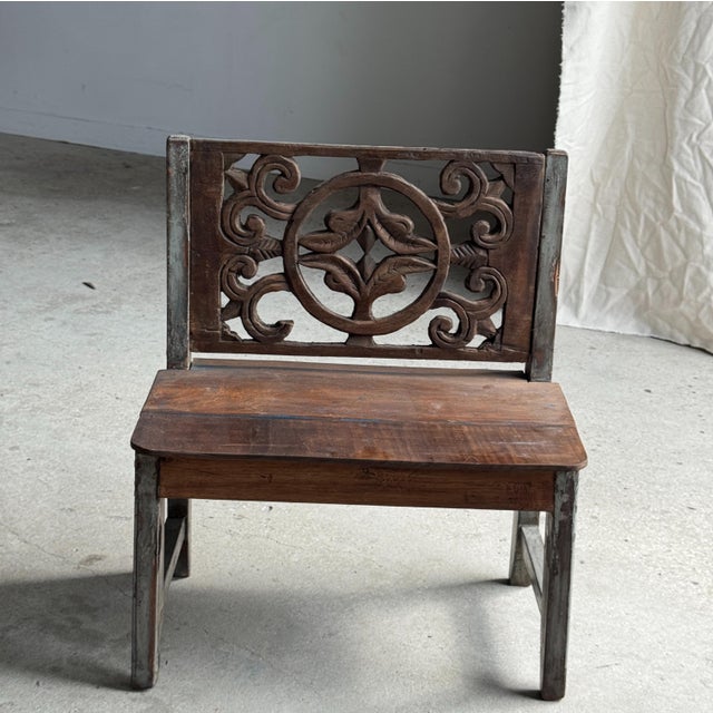 Mini Bench with Carved Backrest, 1980s For Sale - Image 10 of 18