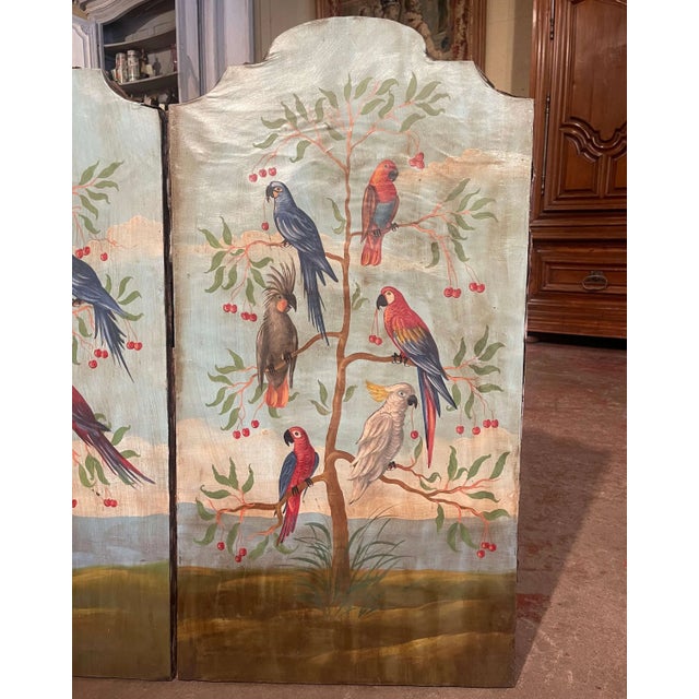 Mid 20th Century Pair of Mid-Century Italian Hand Painted Tropical Bird Panels on Canvas For Sale - Image 5 of 12