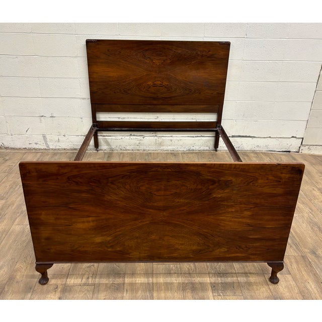 Art Deco Vintage Full Size Art Deco Style Flame or Burled Mahogany Carved Bed For Sale - Image 3 of 9