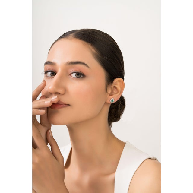 Emerald Diamond Floral Cluster Vintage Stud Earrings in 14k White Gold- A Pair For Sale - Image 11 of 15