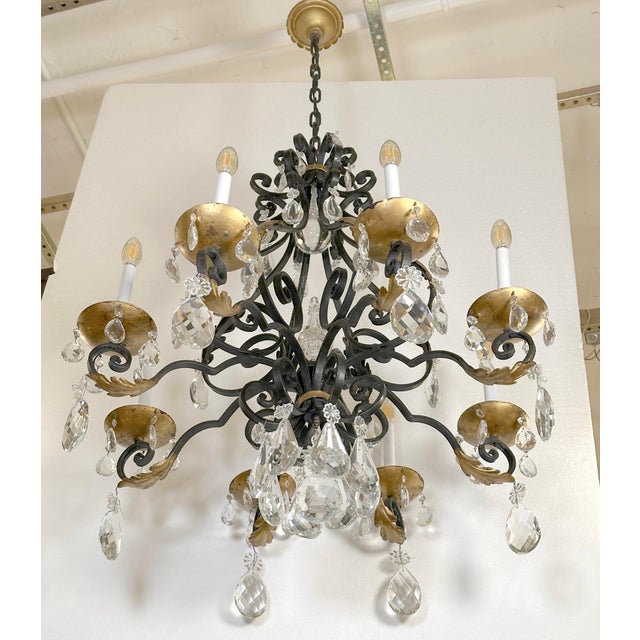 Metal Mid 20th Century Restored Spanish Revival Cast Iron & Crystal Chandelier For Sale - Image 7 of 9