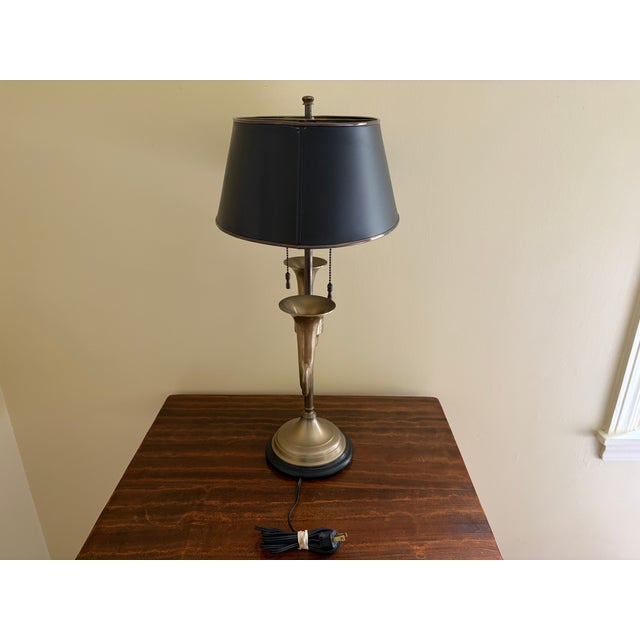 Mid 20th Century English Country Brass Horn Bouillotte Lamp With Black Tole Shade For Sale - Image 10 of 13