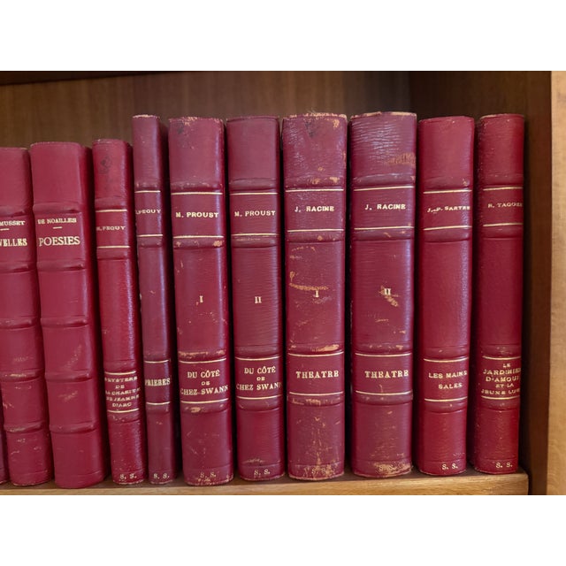 Animal Skin Lot of 40 Vintage Leather Bound Books in French With Decorative Red Bindings For Sale - Image 7 of 8