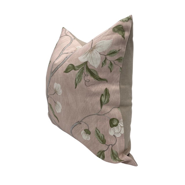 Pair of handcrafted pillows fashioned with Colefax & Fowler Snow Tree in Old Pink fabric on the front and backed in a flax...