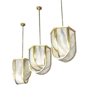 Set of 3 Vintage 1940s Skyscraper Art Deco Rod Ship Light Ceiling Hanging Fixtures in Brass & Glass