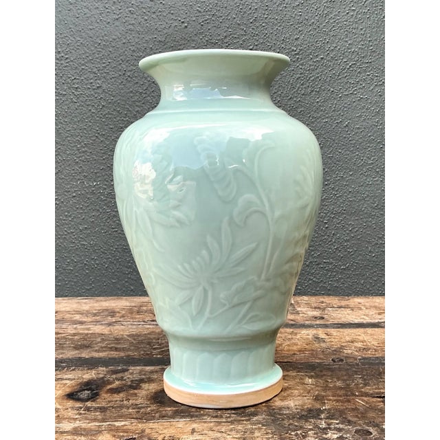 Vintage Celadon Floral Relief Ceramic Vase For Sale - Image 10 of 12