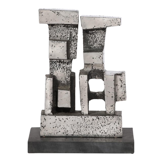 Brutalist Modernist Geometric Sculpture in Caste Stainless Signed Paul Mount For Sale